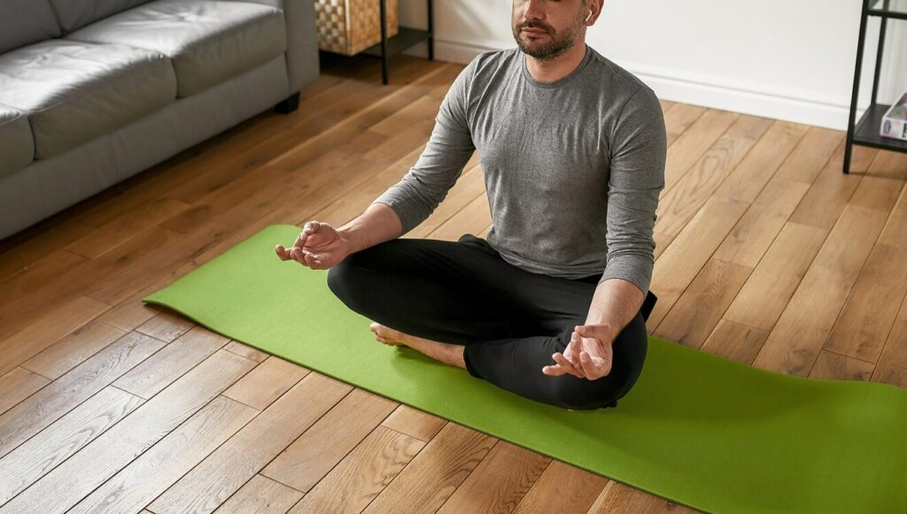 A man sits on a yoga mat while practicing deep breathing and meditation. Learn how breathing and relaxation can cultivate lower back pain relief in Washington, DC. Search for pelvic floor therapy in Washington, DC and more to address pelvic pain in Washington, DC today.
